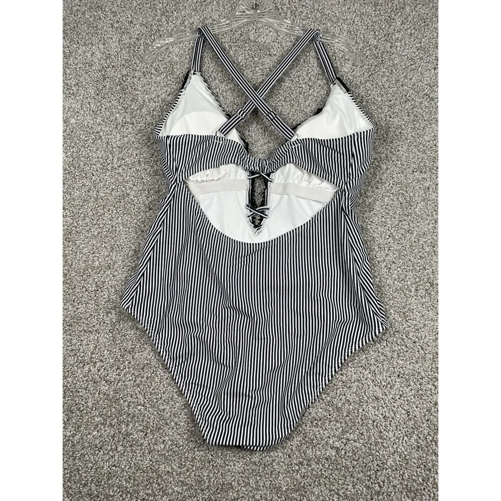 Cupshe Wish You Well One Piece Swimsuit 0X Black White Striped Lace Plunge NWT